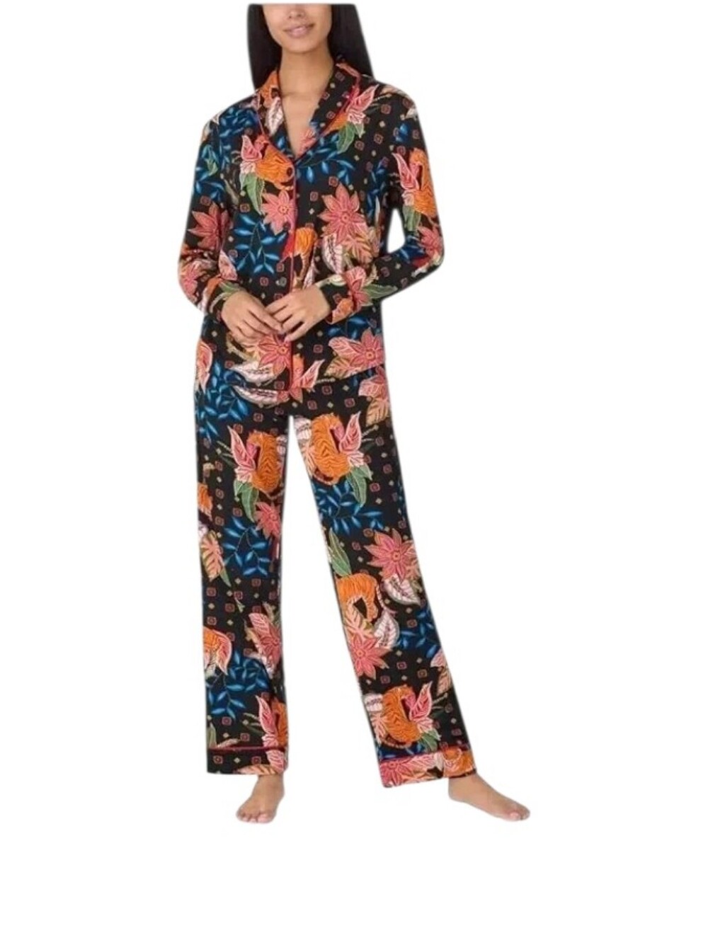 Room Service Womens 2-Piece Pajama Set Orange Black Tiger Floral Small